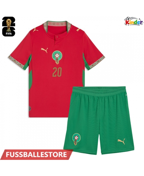 Günstige Marokko Ayoub El Kaabi #20 Heimtrikotsatz Kinder WM 2026 Kurzarm (+ Kurze Hosen)